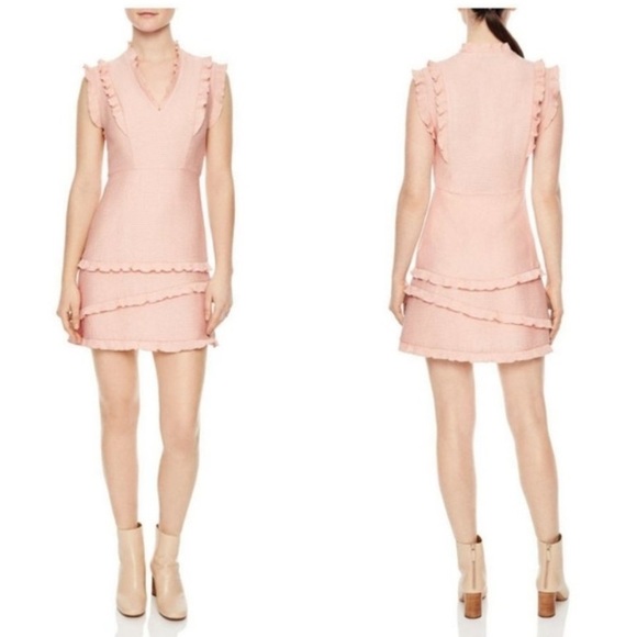 Sandro Paris Flirty Rose Pink Ruffle Trimmed Side Zip Mini Cocktail Dress - Picture 7 of 8